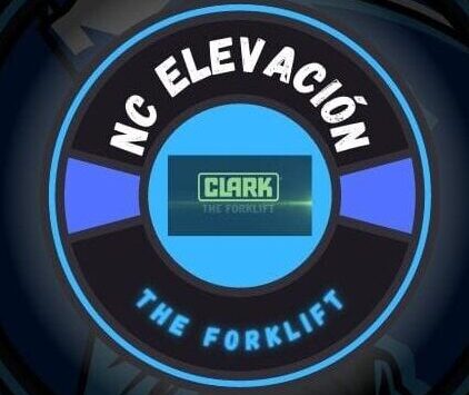 Logo of NC Elevación with the Clark fork lift brand name in the center on a blue and black circular badge.